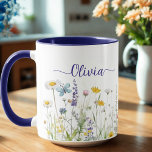 Wildflowers Blue Custom script name Mug<br><div class="desc">Custom script personal name Coffee Mug. A meadow full of watercolor wildflowers, butterflies and dragonfly. The name on both sides is in a peach script font with attached swirls/glyph on each side of the name for a feminine touch. You can keep them or delete. Try to write your name between...</div>
