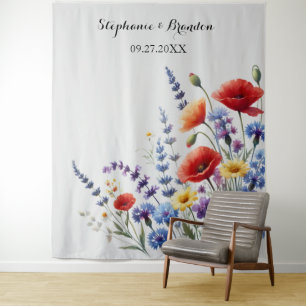 Wildflowers Blue Floral Wedding Photo Booth Tapestry