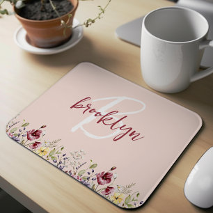 Wildflowers Blush Pink Burgundy White Monogram Mouse Pad