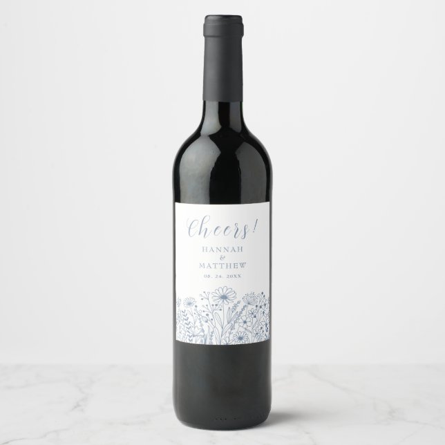 Wildflowers Boho Dusty Blue Wedding Wine Label (Front)