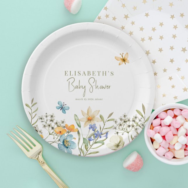 Wildflowers boho spring personalised baby shower paper plate (Creator Uploaded)