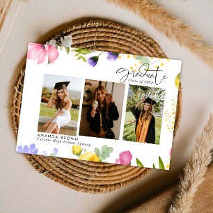 Wildflowers Bold Three Photo Graduation 2025 Invitation