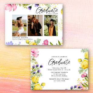 Wildflowers Bold Three Photo Graduation 2025 Invitation