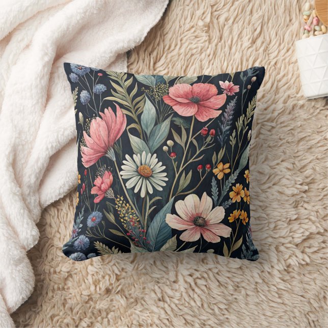 Wildflowers Botanical Inspiration Black Cushion (Blanket)