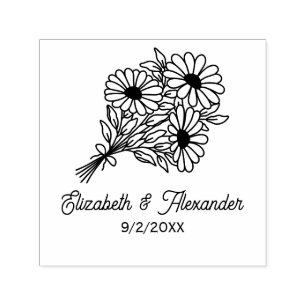 Wildflowers Bouquet #2L Wedding Couple Names Date Self-inking Stamp