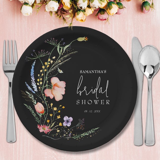 Wildflowers Bridal Shower Black Paper Plate (Wildflowers on black bridal shower paper plates)