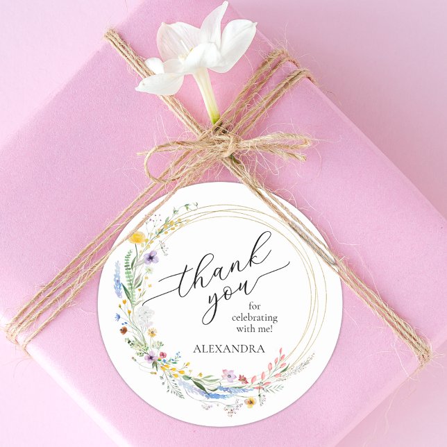 Wildflowers Bridal Shower Classic Round Sticker (Wreath of wildflowers bridal shower round stickers)
