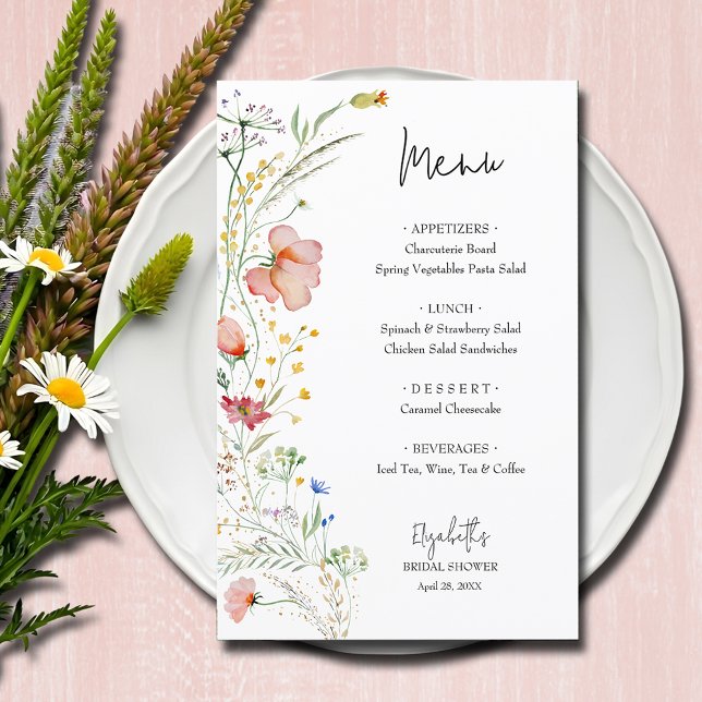 Wildflowers Bridal Shower Menu (Wildflowers bridal shower menu cards)