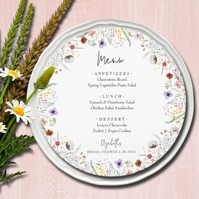 Wildflowers Bridal Shower Menu (Wildflowers bridal shower round menu cards)