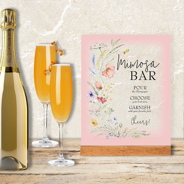 Wildflowers Bridal Shower Mimosa Bar Acrylic Sign (Wildflowers Bridal Shower Mimosa Bar Clear Acrylic Sign with pink border)