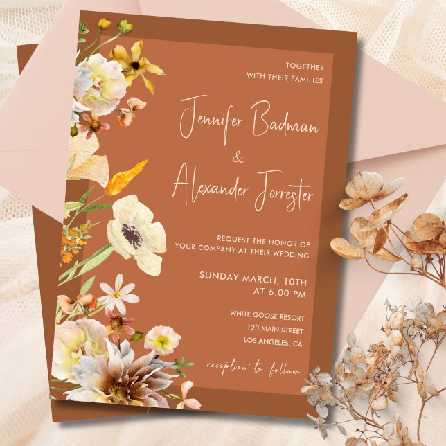 Wildflowers Burnt Orange Rust Terracotta Wedding Invitation (Creator Uploaded)