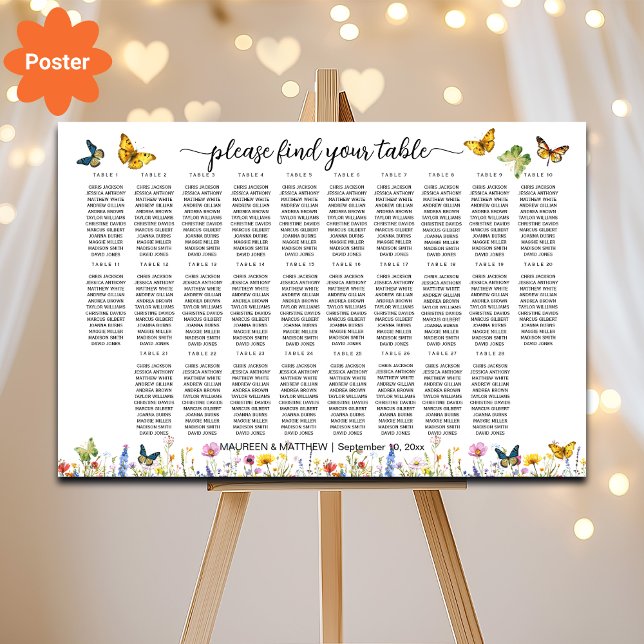 Wildflowers Butterflies 28 Tables Wedding Seating Poster (Creator Uploaded)