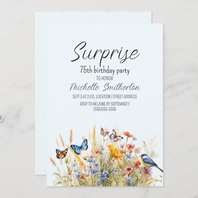 Wildflowers Butterflies Birds Surprise 75th  Invitation (Front/Back)