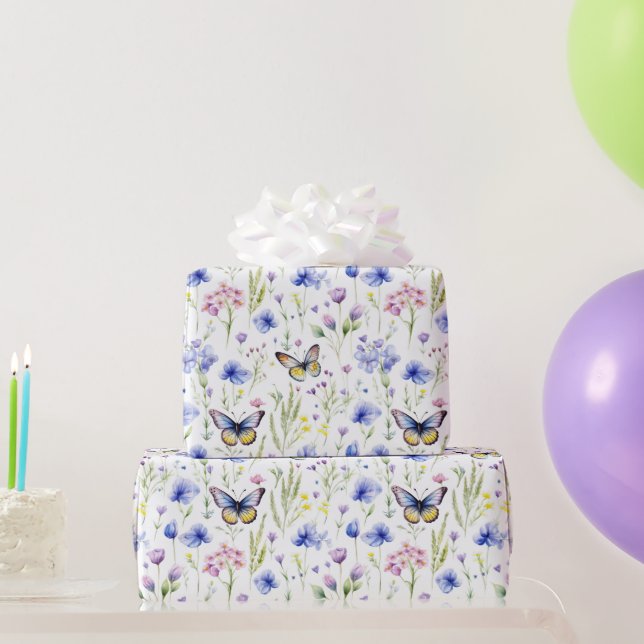 Wildflowers Butterflies Blue Yellow Baby Shower Wrapping Paper (Party Gifts)