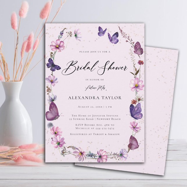 Wildflowers Butterflies Boho Frame Bridal Shower Invitation (boho wildflowers frame butterflies garden pink purple bridal shower invitation elegant rustic)