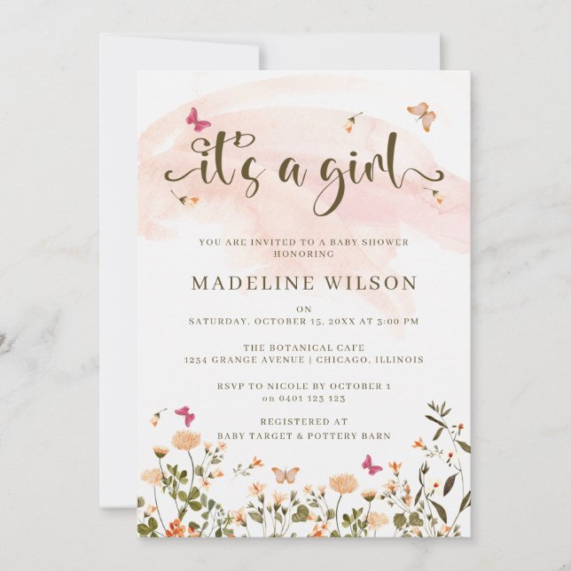 Wildflowers & Butterflies | Elegant Baby Shower Invitation (Front)