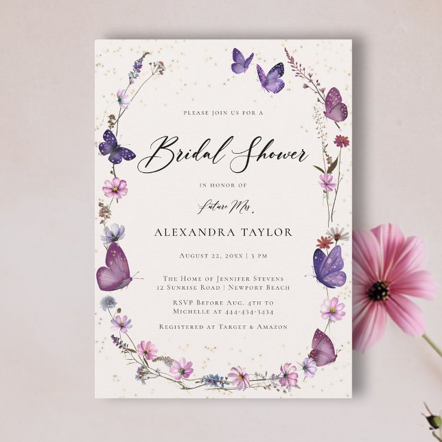 Wildflowers Butterflies Floral Chic Bridal Shower Invitation (butterfly wild flowers frame bridal shower invitation boho chic elegant watercolor pink purple gold)
