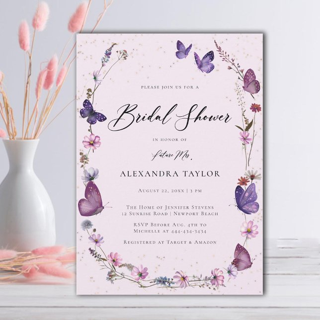 Wildflowers Butterflies Floral Frame Bridal Shower Invitation (butterflies wildflowers boho floral frame pink purple bridal shower invitation elegant rustic chic)