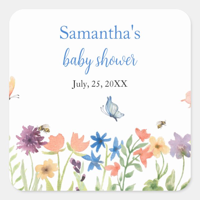 wildflowers butterflies garden blue baby shower  square sticker (Front)