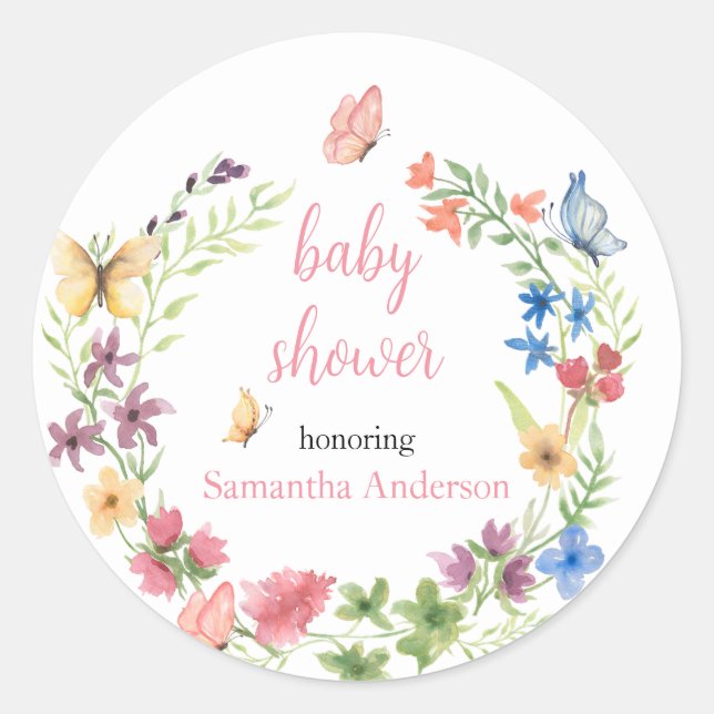 Wildflowers Butterflies Watercolor Baby Shower Classic Round Sticker (Front)