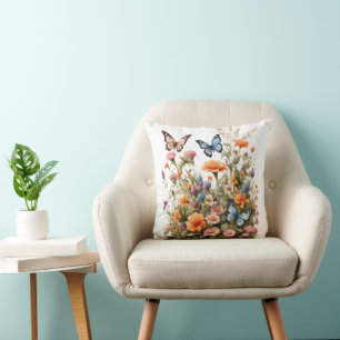 Wildflowers Butterflies Watercolor Garden Flowers Cushion