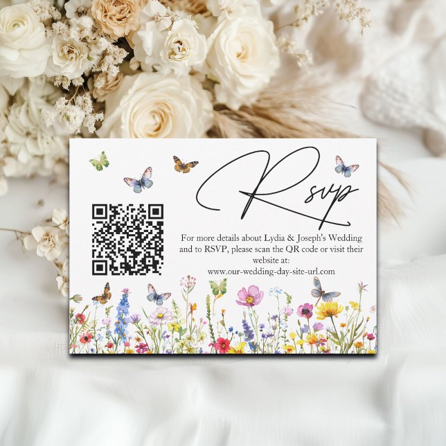 Wildflowers Butterflies Wedding QR Code RSVP Card (Creator Uploaded)