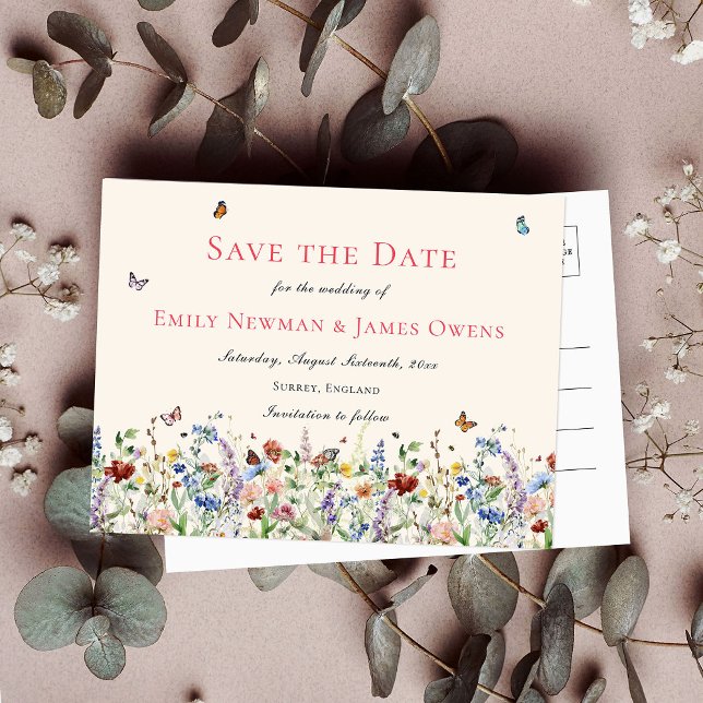 Wildflowers & Butterflies Wedding Save the Date Postcard (Creator Uploaded)