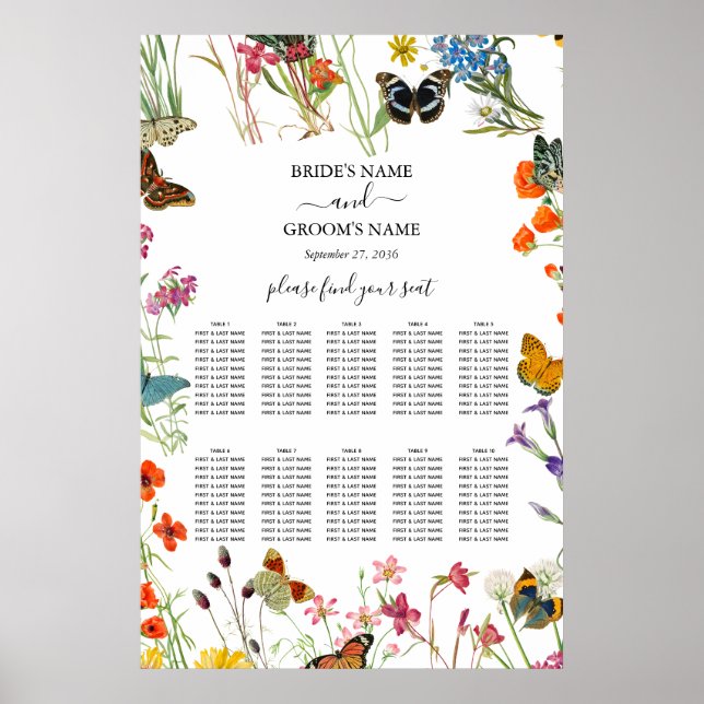 Wildflowers Butterflies Wedding Seating Chart (Front)