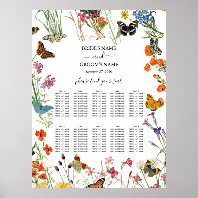 Wildflowers Butterflies Wedding Seating Chart (Front)