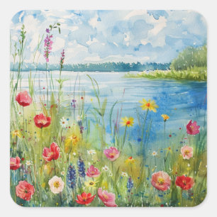 Wildflowers by a Lake Square Sticker