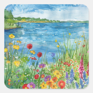 Wildflowers by a Lake Square Sticker