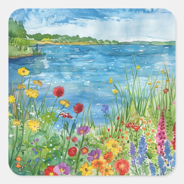 Wildflowers by a Lake Square Sticker (Front)