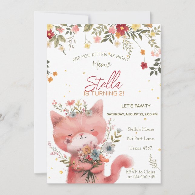 wildflowers cat girl birthday invitation (Front)
