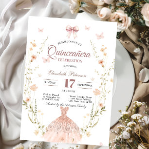 Wildflowers Chic Glitter Dress Bow Quinceanera Invitation