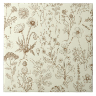 Wildflowers collage/ beige and sepia ceramic tile