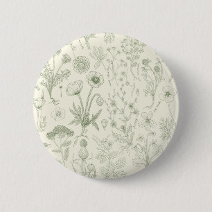 Wildflowers collage/ off white and sage 6 cm round badge