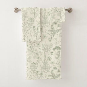 Wildflowers collage/ off white and sage bath towel set