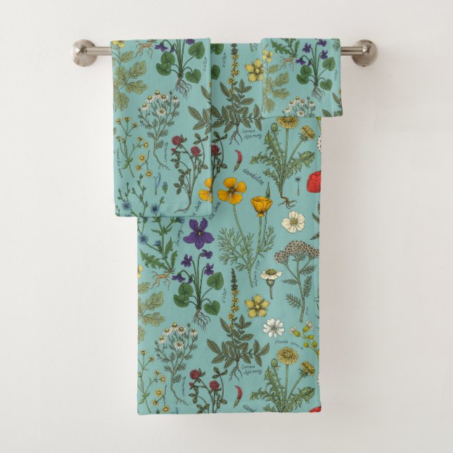Wildflowers collage on blue bath towel set (Insitu)
