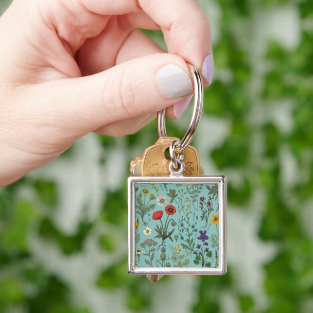 Wildflowers collage on blue key ring (Hand)