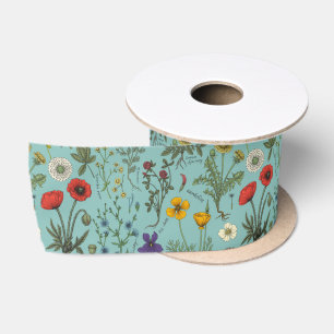 Wildflowers collage on blue satin ribbon