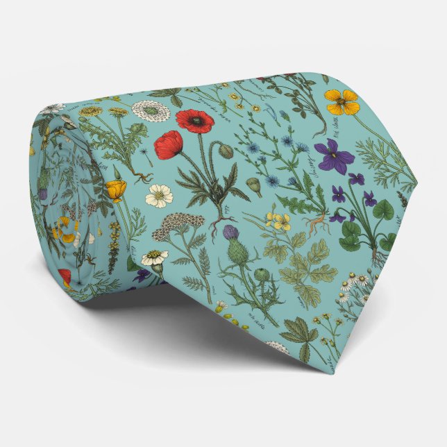 Wildflowers collage on blue tie (Rolled)