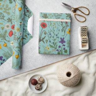 Wildflowers collage on blue wrapping paper