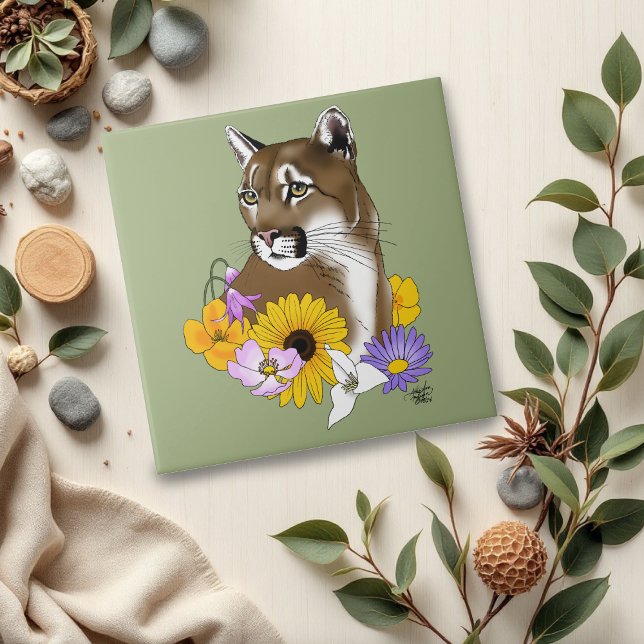 Wildflowers Cougar Mountain Lion Puma  Ceramic Tile (Creator Uploaded)