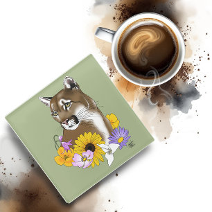 Wildflowers Cougar Mountain Lion Puma Glass Coaster