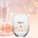 Wildflowers custom name script stemless wine glass<br><div class="desc">Decorated with wildflowers in beige,  cream and pink.  Personalise and add your name.   Black handwritten style script.</div>