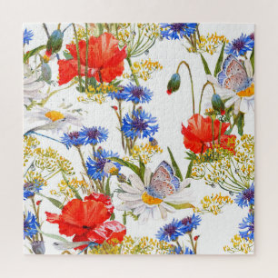 Wildflowers: dark blue watercolor seamless jigsaw puzzle
