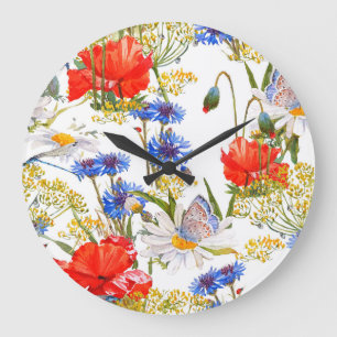 Wildflowers: dark blue watercolor seamless large clock