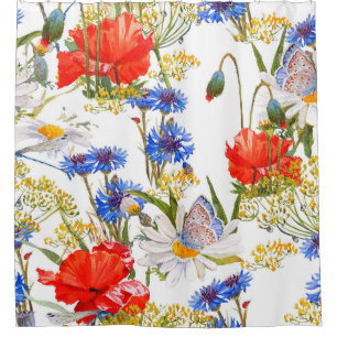 Wildflowers: dark blue watercolor seamless shower curtain