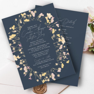 Wildflowers Double Arch Navy RSVP QR Code Wedding  Invitation