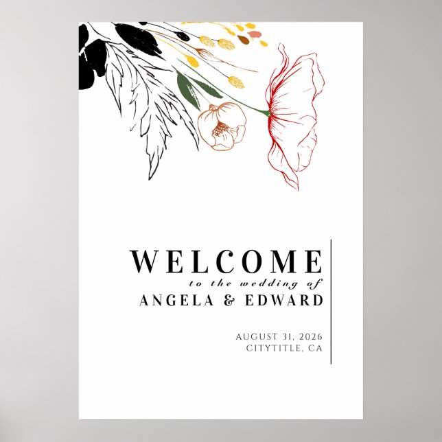 Wildflowers Elegant Black Wedding Welcome Sign (Front)